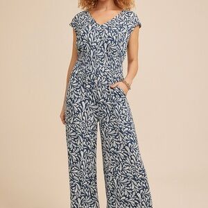 Monteau Navy and White Printed V-Neck Jumpsuit